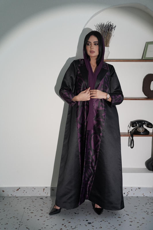 Black abaya with elegant purple embellishments