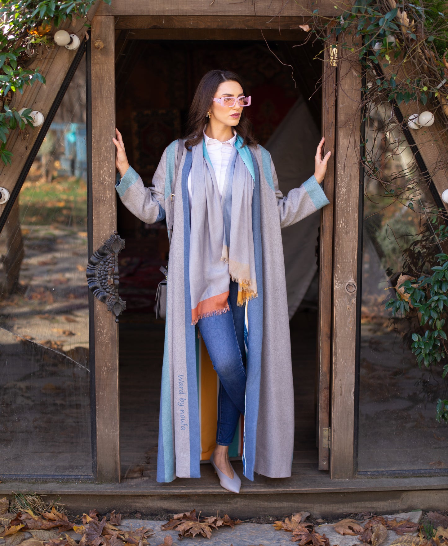 Long gray wool abaya with orange and blue satin lining and hijab in the same colors