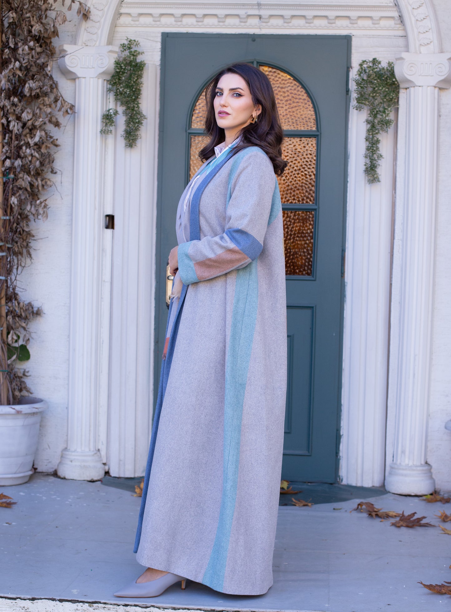 Long gray wool abaya with orange and blue satin lining and hijab in the same colors