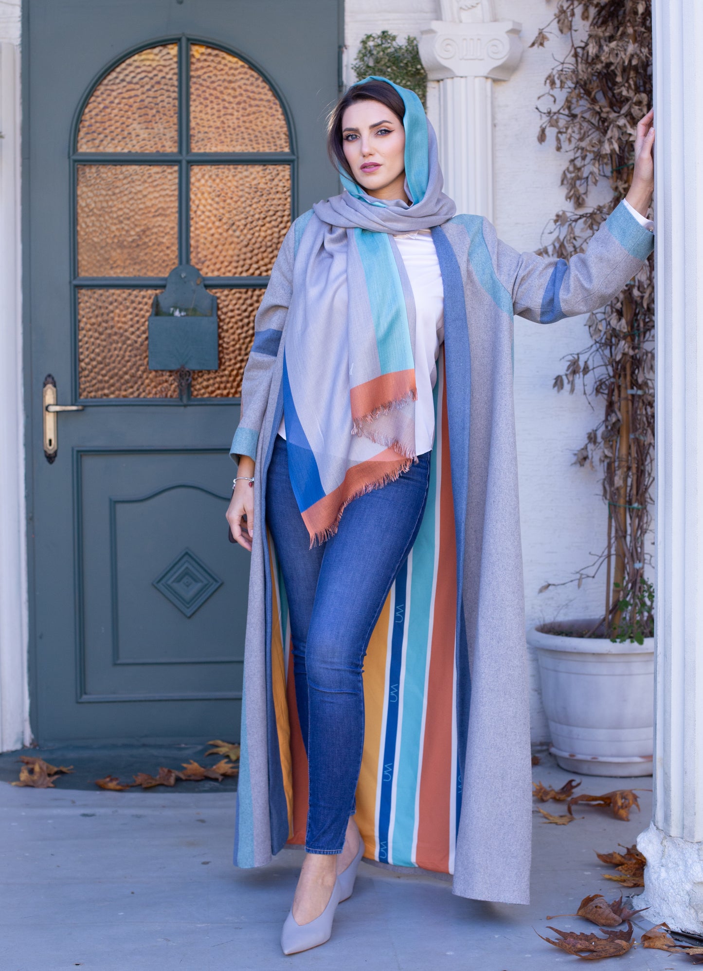 Long gray wool abaya with orange and blue satin lining and hijab in the same colors