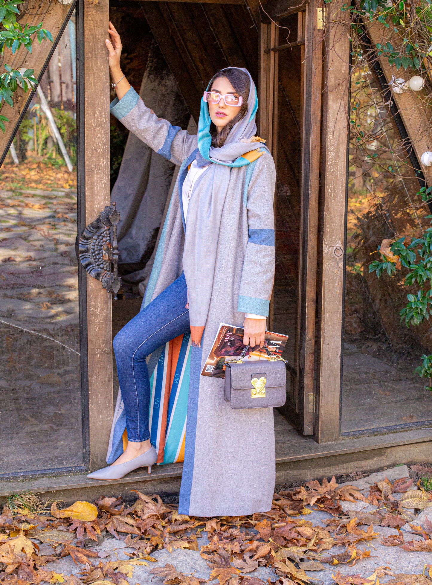 Long gray wool abaya with orange and blue satin lining and hijab in the same colors