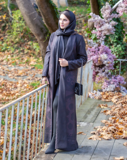 Long brown wool abaya with light orange geometric patterns