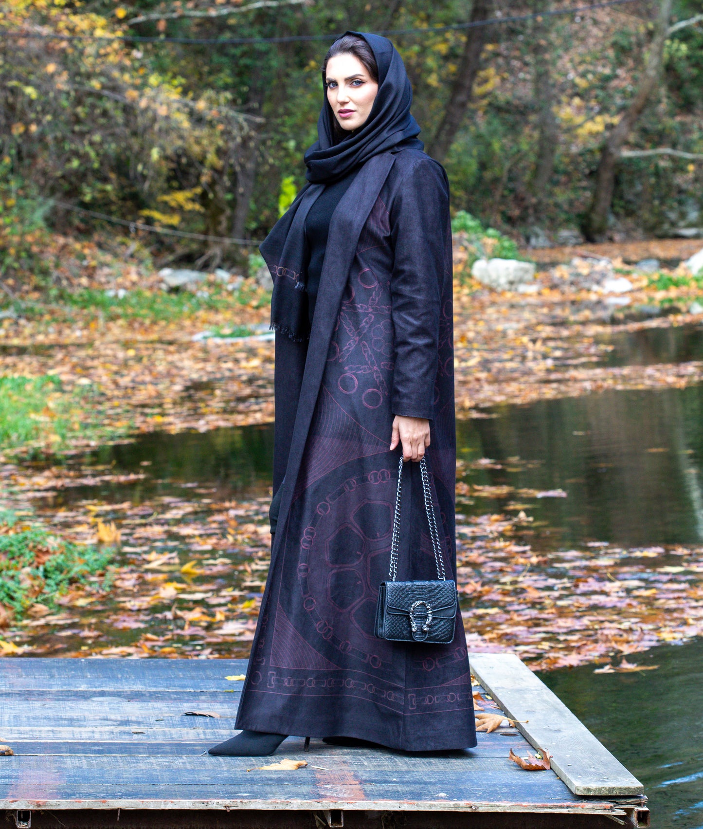 Long brown wool abaya with light orange geometric patterns