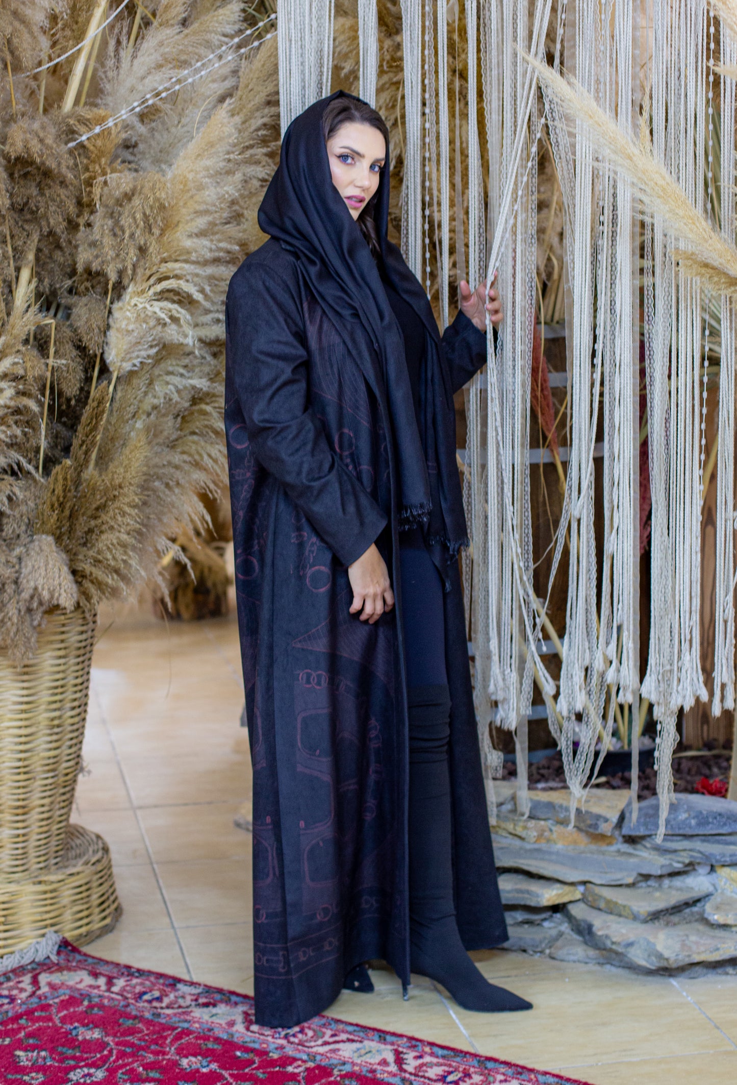 Long brown wool abaya with light orange geometric patterns